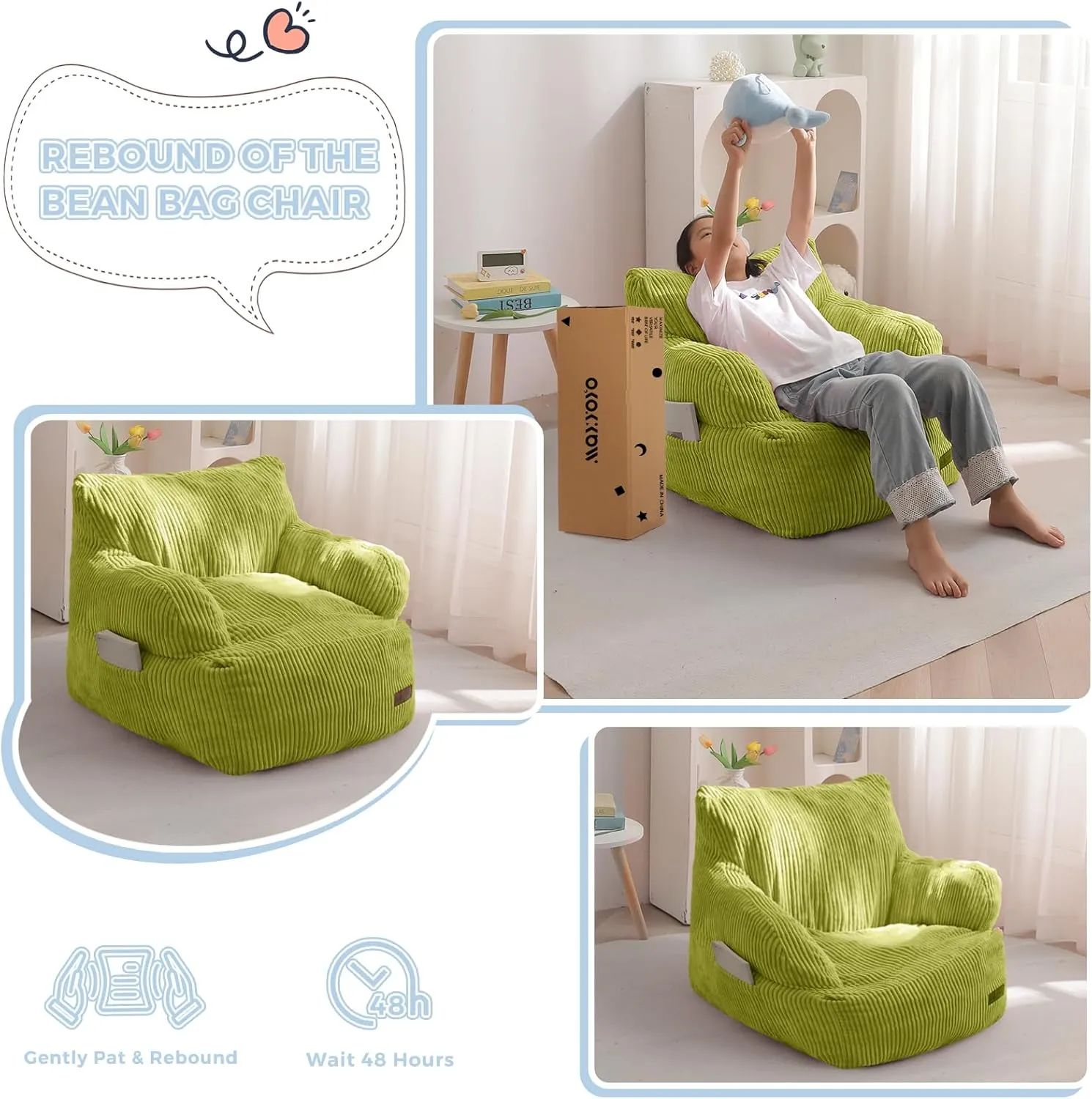 MAXYOYO Kids Bean Bag Chair, Stuffed Toddler Bean Bag Sofa with Filler Bean Bag Chair for Boys and Girls, Lazy Sofa with Pocket Floor Chair for Gaming, Reading, Green
