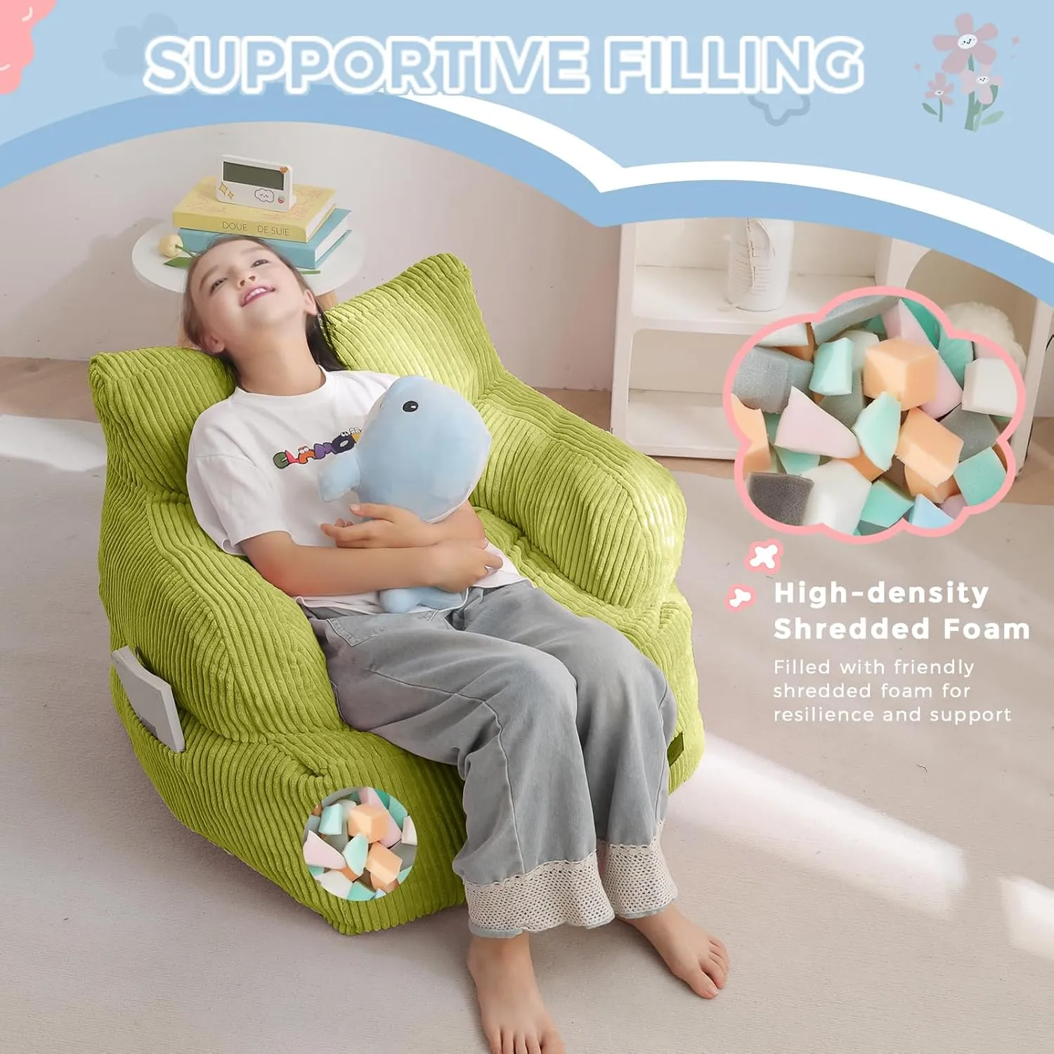 MAXYOYO Kids Bean Bag Chair, Stuffed Toddler Bean Bag Sofa with Filler Bean Bag Chair for Boys and Girls, Lazy Sofa with Pocket Floor Chair for Gaming, Reading, Green