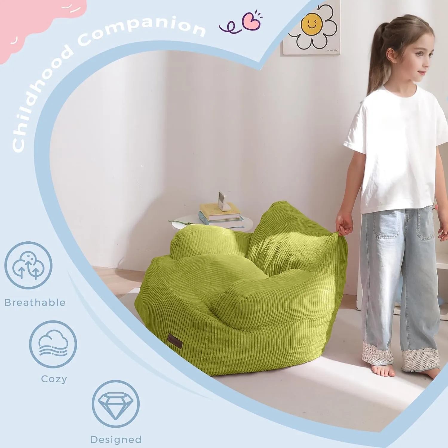 MAXYOYO Kids Bean Bag Chair, Stuffed Toddler Bean Bag Sofa with Filler Bean Bag Chair for Boys and Girls, Lazy Sofa with Pocket Floor Chair for Gaming, Reading, Green