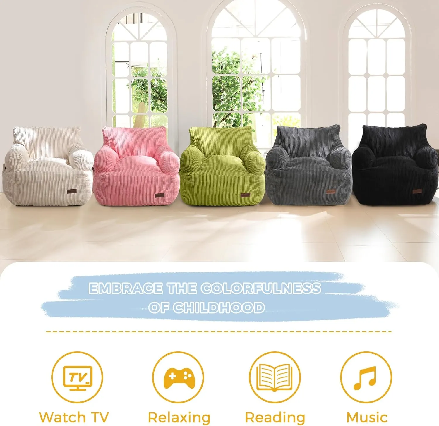 MAXYOYO Kids Bean Bag Chair, Stuffed Toddler Bean Bag Sofa with Filler Bean Bag Chair for Boys and Girls, Lazy Sofa with Pocket Floor Chair for Gaming, Reading, Green