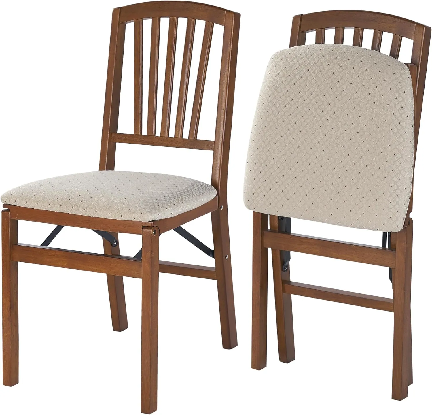 MECO Stakmore Slat Back Wooden Folding Chairs with Padded Seats, Set of 2 - No Assembly Foldable Dining Chairs, Steel Folding Mechanism, Upholstered Cushion, Space-Saving, Fruitwood Frame
