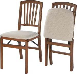 MECO Stakmore Slat Back Wooden Folding Chairs with Padded Seats, Set of 2 - No Assembly Foldable Dining Chairs, Steel Folding Mechanism, Upholstered Cushion, Space-Saving, Fruitwood Frame