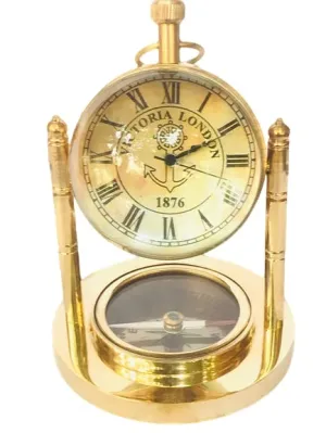 Meenakshi Handicraft Emporium metal Brass Compass Clock with Globe Look 3 in 1 Desk Clock for Home and Table Decor (Golden, 2-inch )