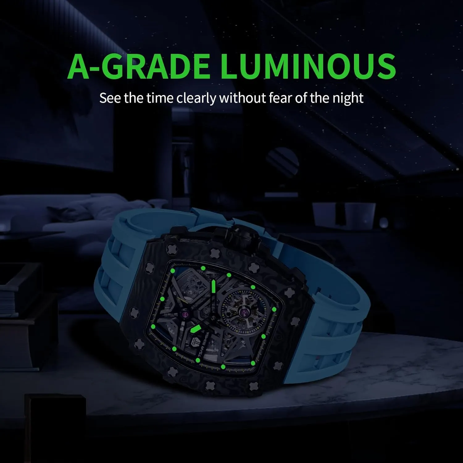 Men's Automatic Watch Mechanical Tonneau Luxury Skeleton Watches for Men 50M Waterproof Analogue Work Mens Wrist Watch Unique Cool Design Square Big Face Wristwatch
