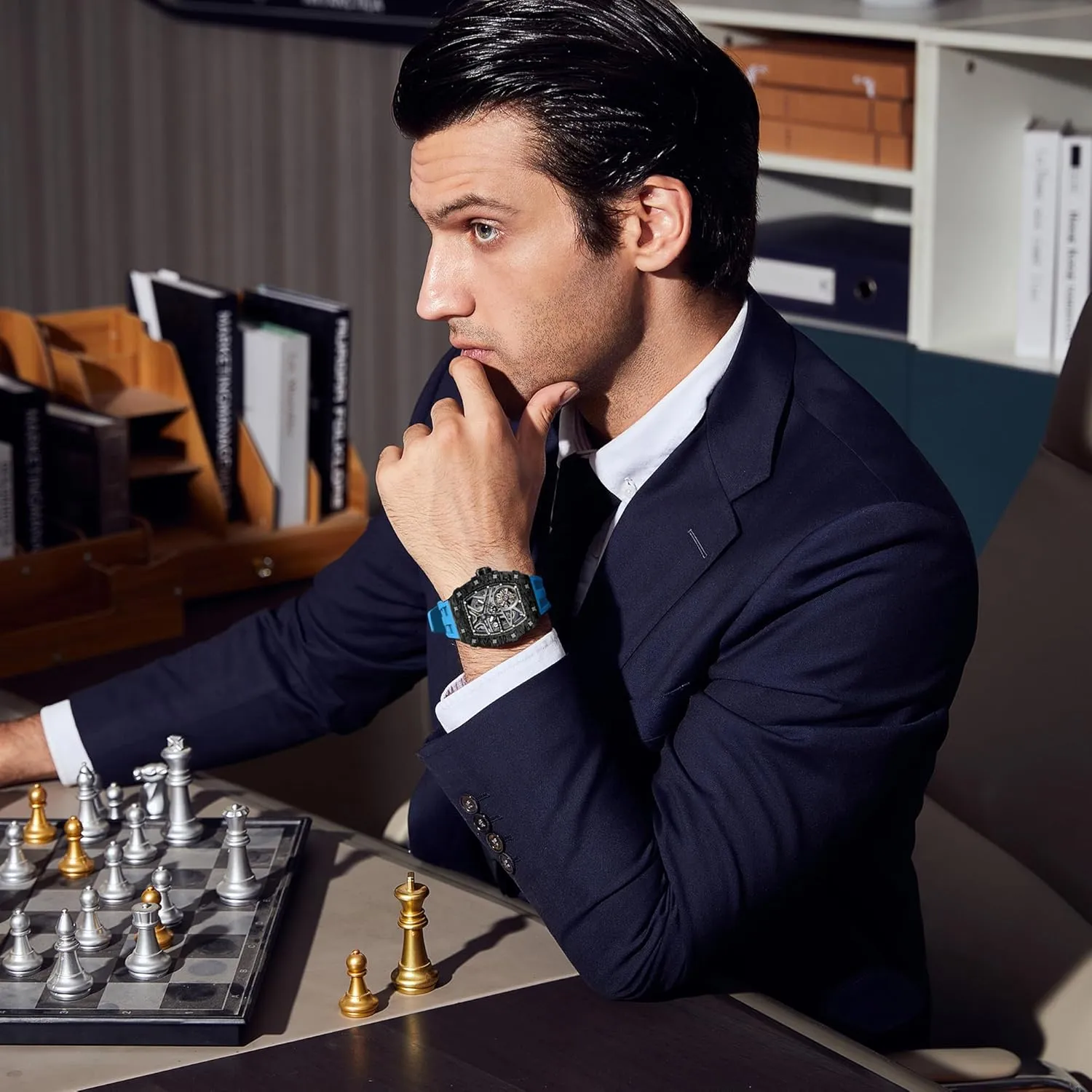 Men's Automatic Watch Mechanical Tonneau Luxury Skeleton Watches for Men 50M Waterproof Analogue Work Mens Wrist Watch Unique Cool Design Square Big Face Wristwatch