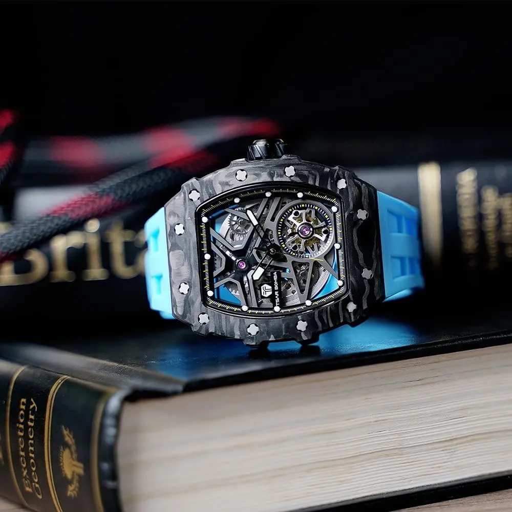 Men's Automatic Watch Mechanical Tonneau Luxury Skeleton Watches for Men 50M Waterproof Analogue Work Mens Wrist Watch Unique Cool Design Square Big Face Wristwatch