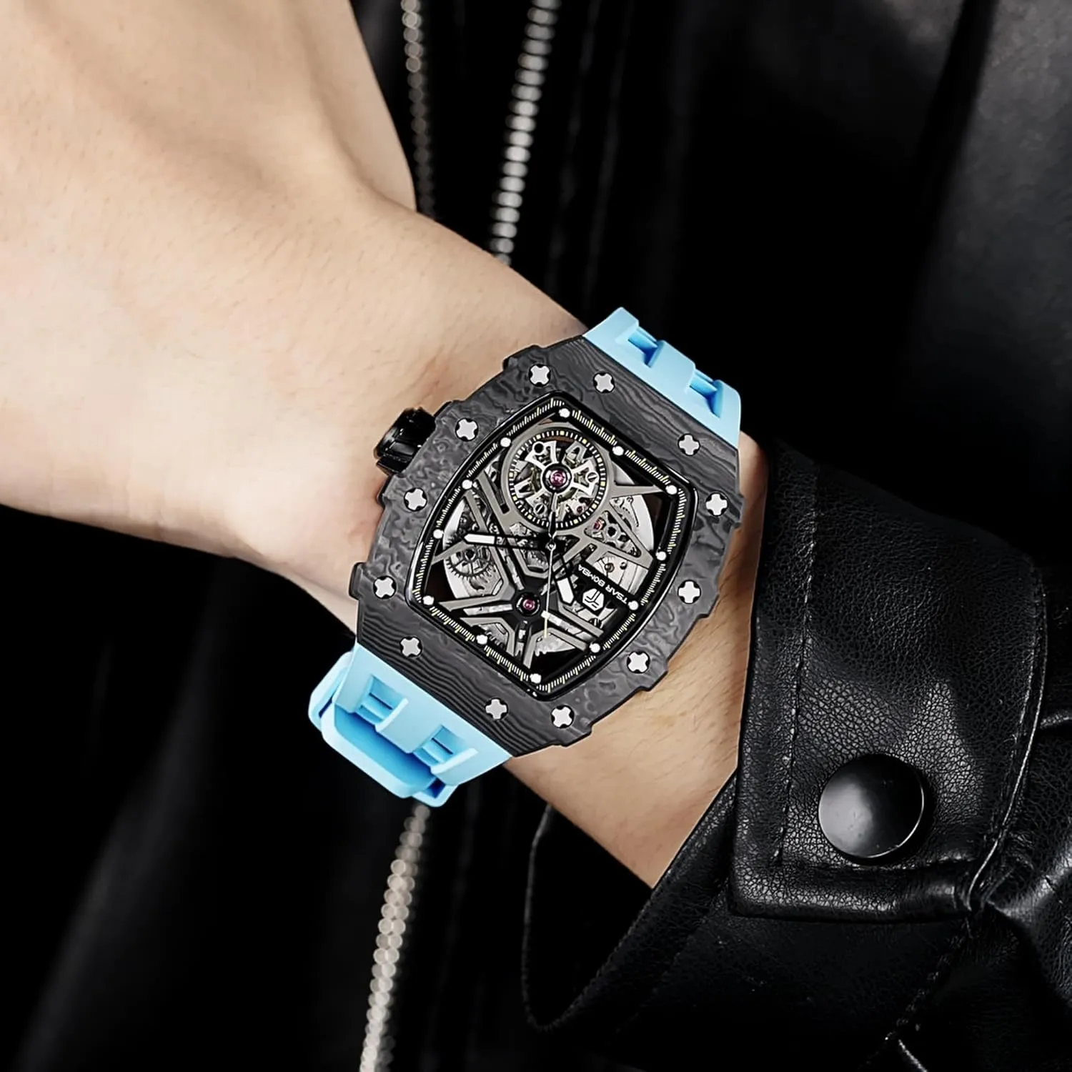 Men's Automatic Watch Mechanical Tonneau Luxury Skeleton Watches for Men 50M Waterproof Analogue Work Mens Wrist Watch Unique Cool Design Square Big Face Wristwatch