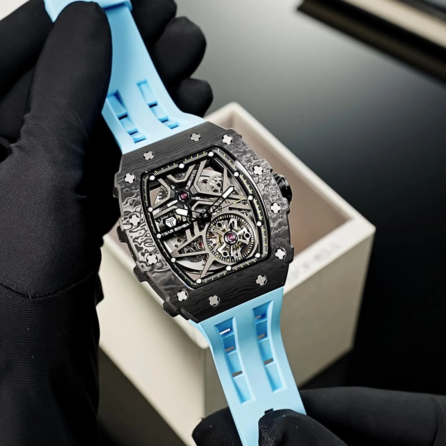 Men's Automatic Watch Mechanical Tonneau Luxury Skeleton Watches for Men 50M Waterproof Analogue Work Mens Wrist Watch Unique Cool Design Square Big Face Wristwatch