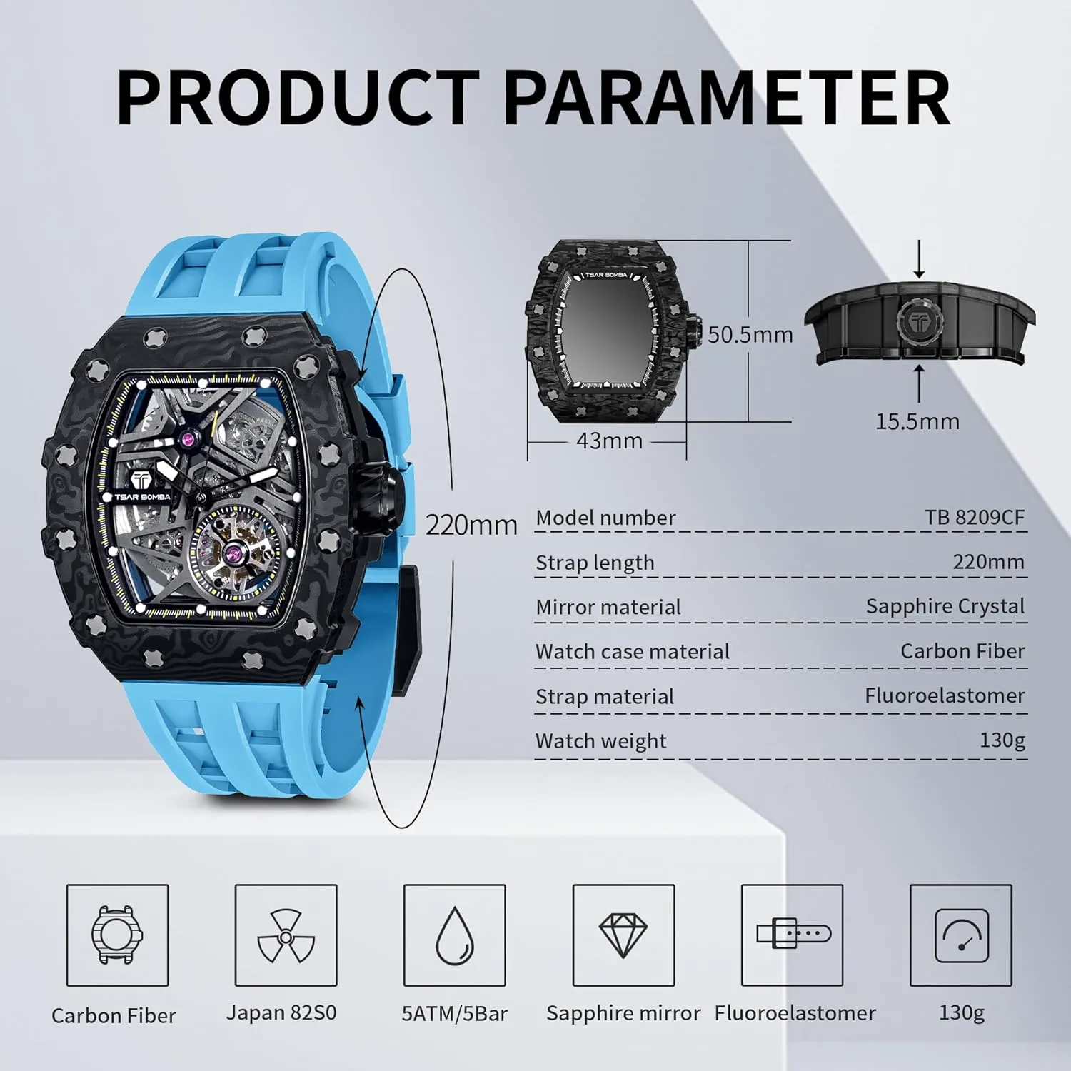 Men's Automatic Watch Mechanical Tonneau Luxury Skeleton Watches for Men 50M Waterproof Analogue Work Mens Wrist Watch Unique Cool Design Square Big Face Wristwatch