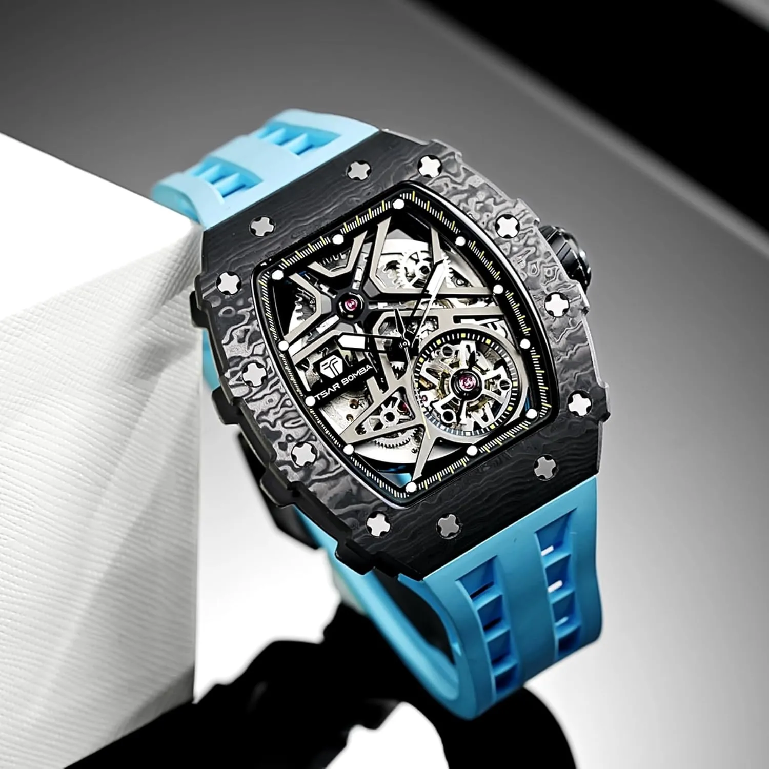 Men's Automatic Watch Mechanical Tonneau Luxury Skeleton Watches for Men 50M Waterproof Analogue Work Mens Wrist Watch Unique Cool Design Square Big Face Wristwatch