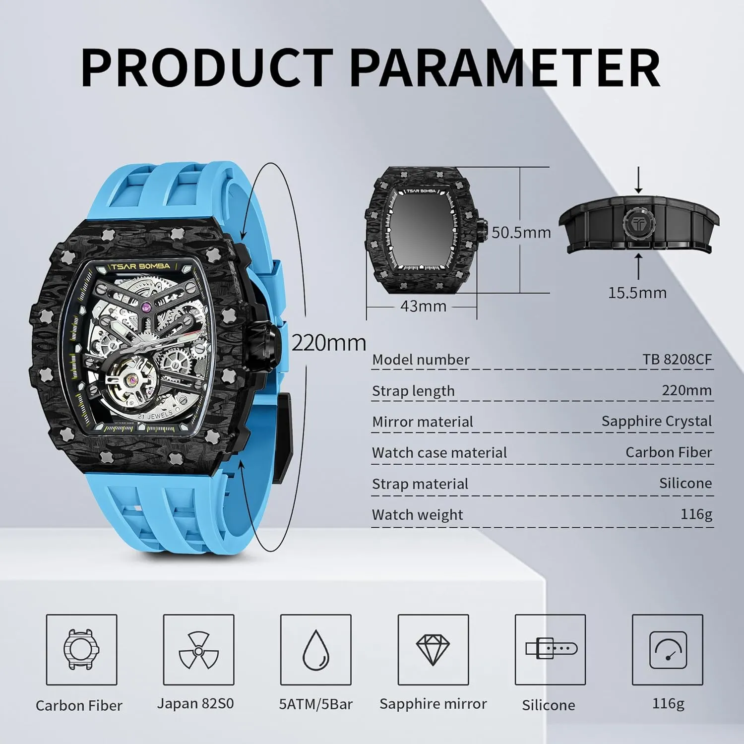 Men's Automatic Watch Tonneau Luxury Skeleton Watches for Men Mechanical 50M Waterproof Analogue Watches Mens Unique Cool Square Big Face Dial Wristwatch with Silicone Strap Band