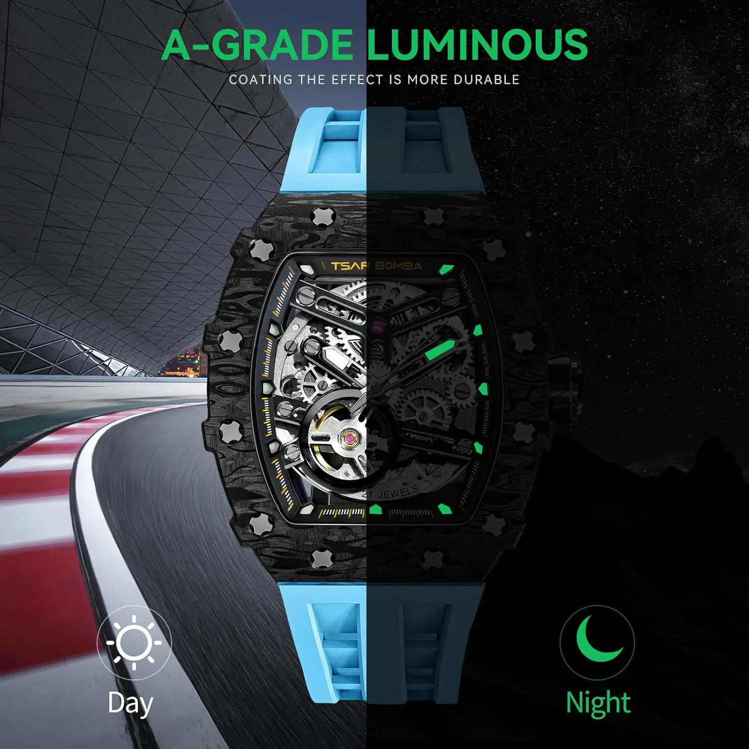 Men's Automatic Watch Tonneau Luxury Skeleton Watches for Men Mechanical 50M Waterproof Analogue Watches Mens Unique Cool Square Big Face Dial Wristwatch with Silicone Strap Band