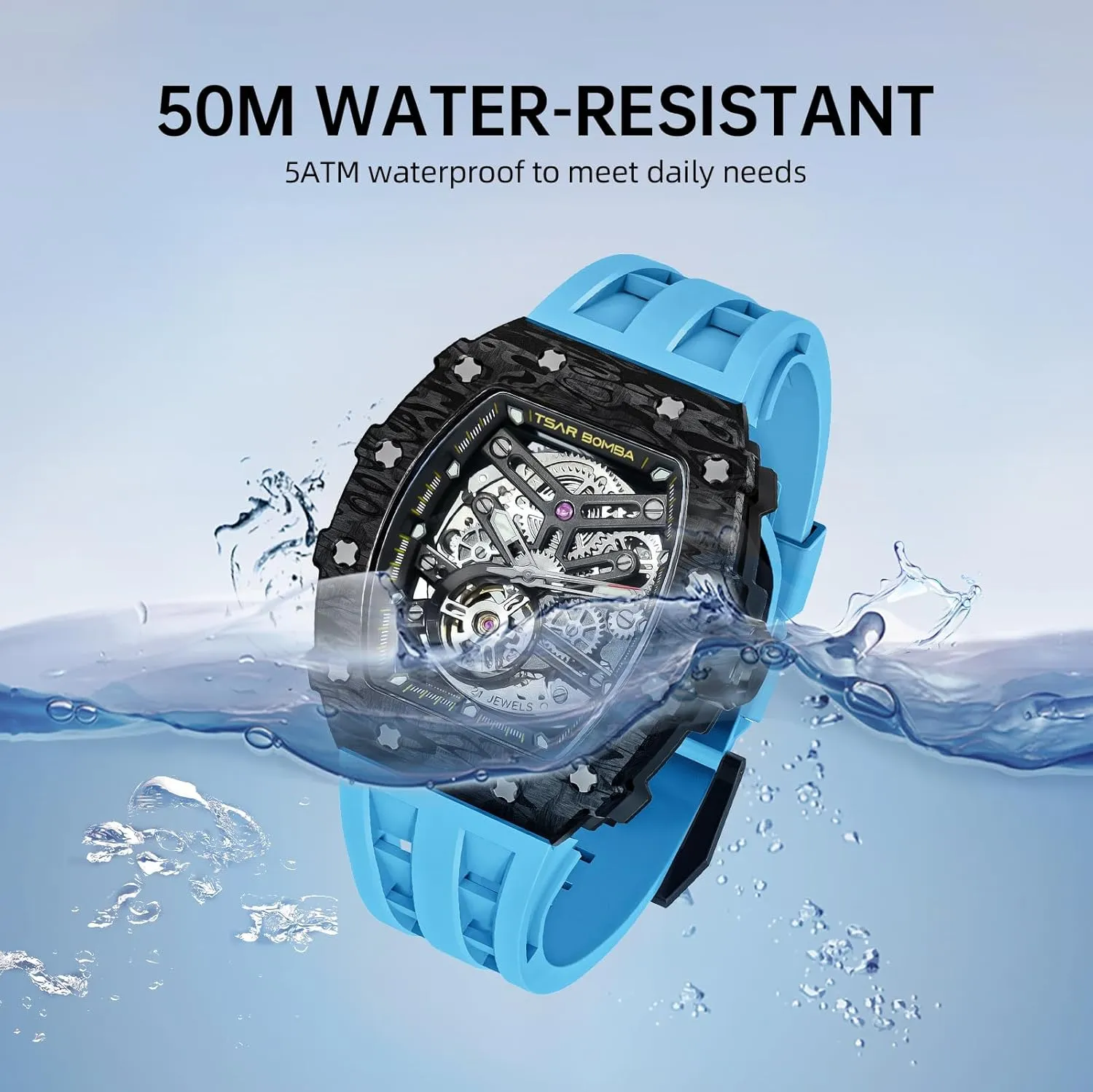 Men's Automatic Watch Tonneau Luxury Skeleton Watches for Men Mechanical 50M Waterproof Analogue Watches Mens Unique Cool Square Big Face Dial Wristwatch with Silicone Strap Band