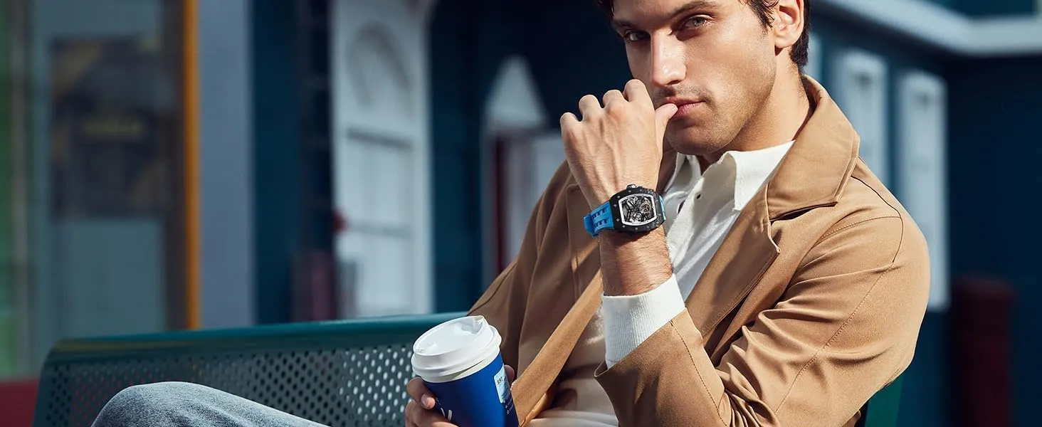 Men's Automatic Watch Tonneau Luxury Skeleton Watches for Men Mechanical 50M Waterproof Analogue Watches Mens Unique Cool Square Big Face Dial Wristwatch with Silicone Strap Band
