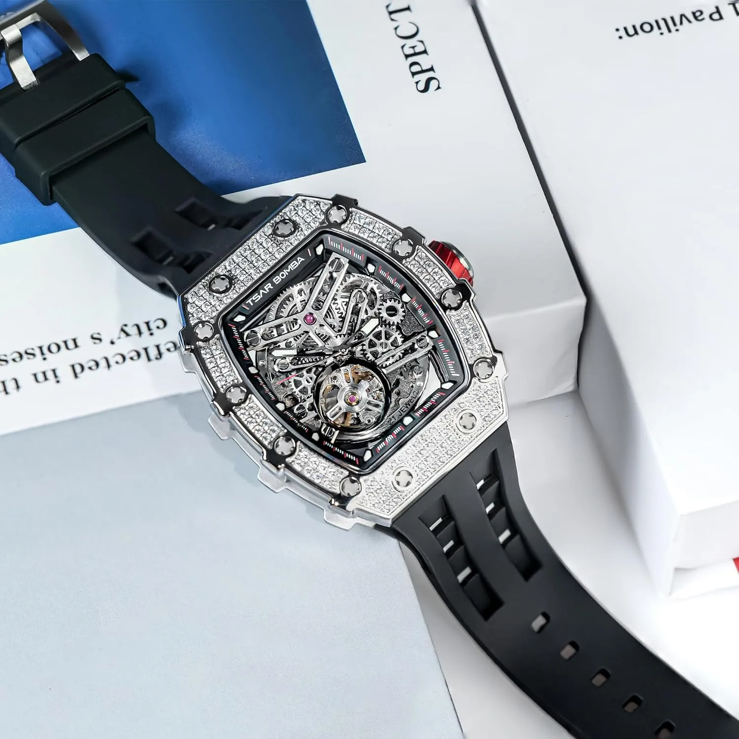 Mens Luxury Watch Automatic Watches for Men 50M Waterproof Japanese Mechanical Movement Tonneau Stainless Steel Case Sapphire Glass Big Face Watch Cool Unique Fashion Gift for Men