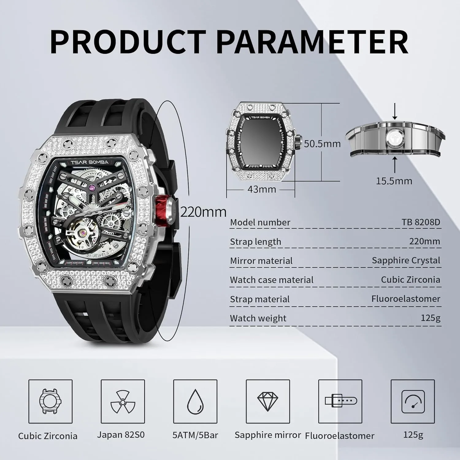 Mens Luxury Watch Automatic Watches for Men 50M Waterproof Japanese Mechanical Movement Tonneau Stainless Steel Case Sapphire Glass Big Face Watch Cool Unique Fashion Gift for Men