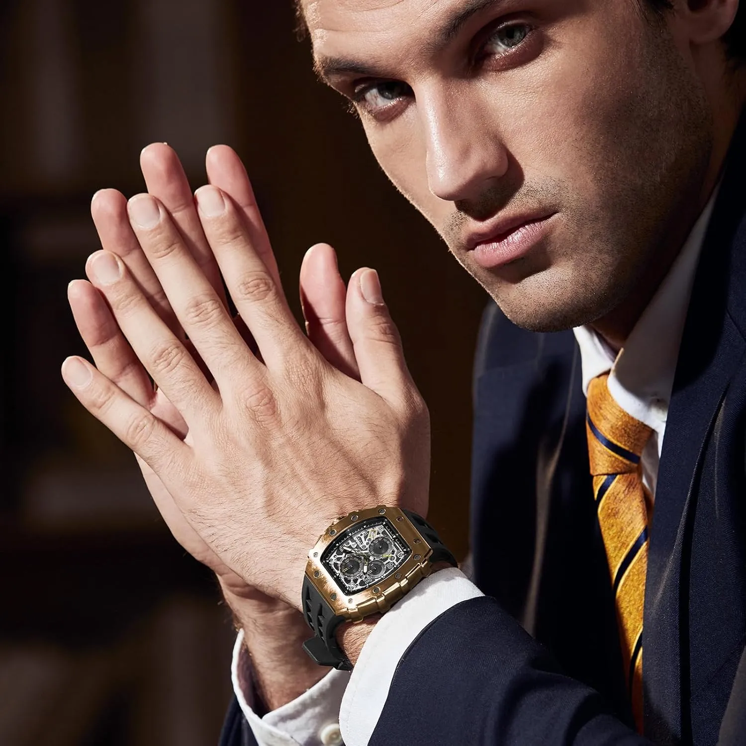 Mens Luxury Watch Watches for Men 50M Waterproof Japanese Quartz Movement Tonneau Stainless Steel Case Sapphire Glass with Chronograph Date Function Cool Unique Fashion Gift Watch