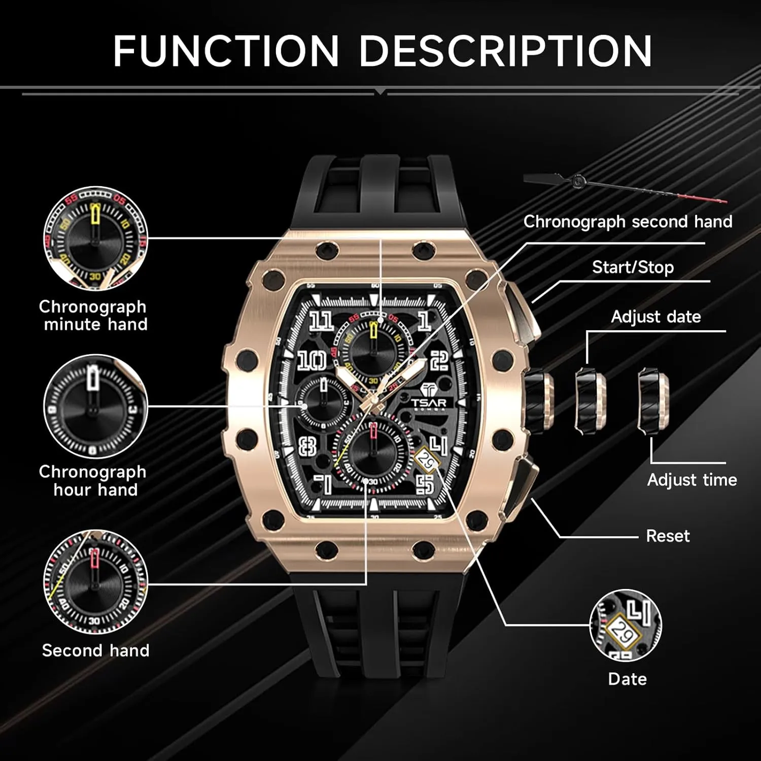 Mens Luxury Watch Watches for Men 50M Waterproof Japanese Quartz Movement Tonneau Stainless Steel Case Sapphire Glass with Chronograph Date Function Cool Unique Fashion Gift Watch