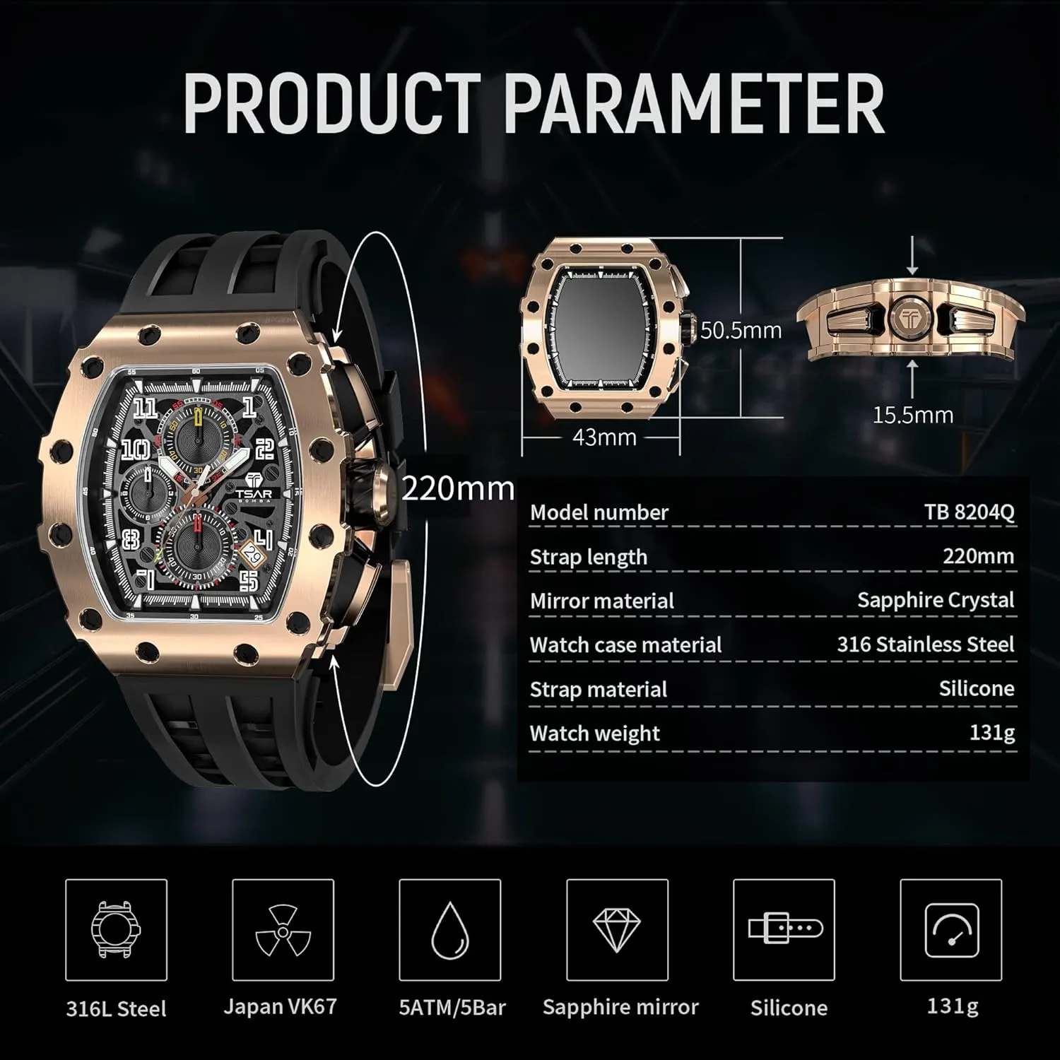 Mens Luxury Watch Watches for Men 50M Waterproof Japanese Quartz Movement Tonneau Stainless Steel Case Sapphire Glass with Chronograph Date Function Cool Unique Fashion Gift Watch