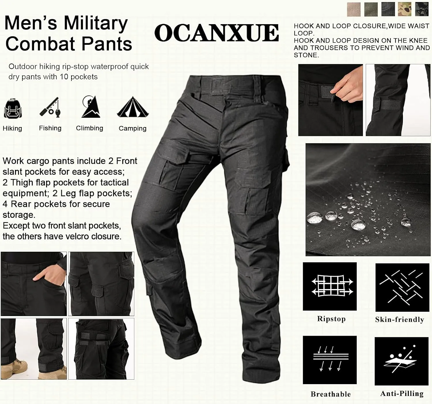 Men's Tactical Pants Camo Cargo Pants Ripstop Work Hiking Pants with 10 Pockets No Belt