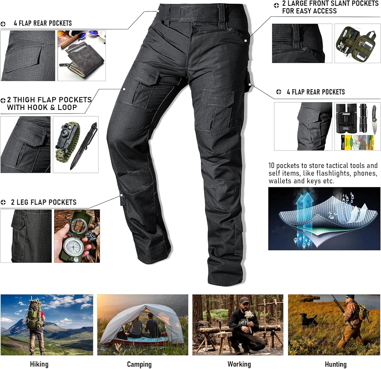Men's Tactical Pants Camo Cargo Pants Ripstop Work Hiking Pants with 10 Pockets No Belt