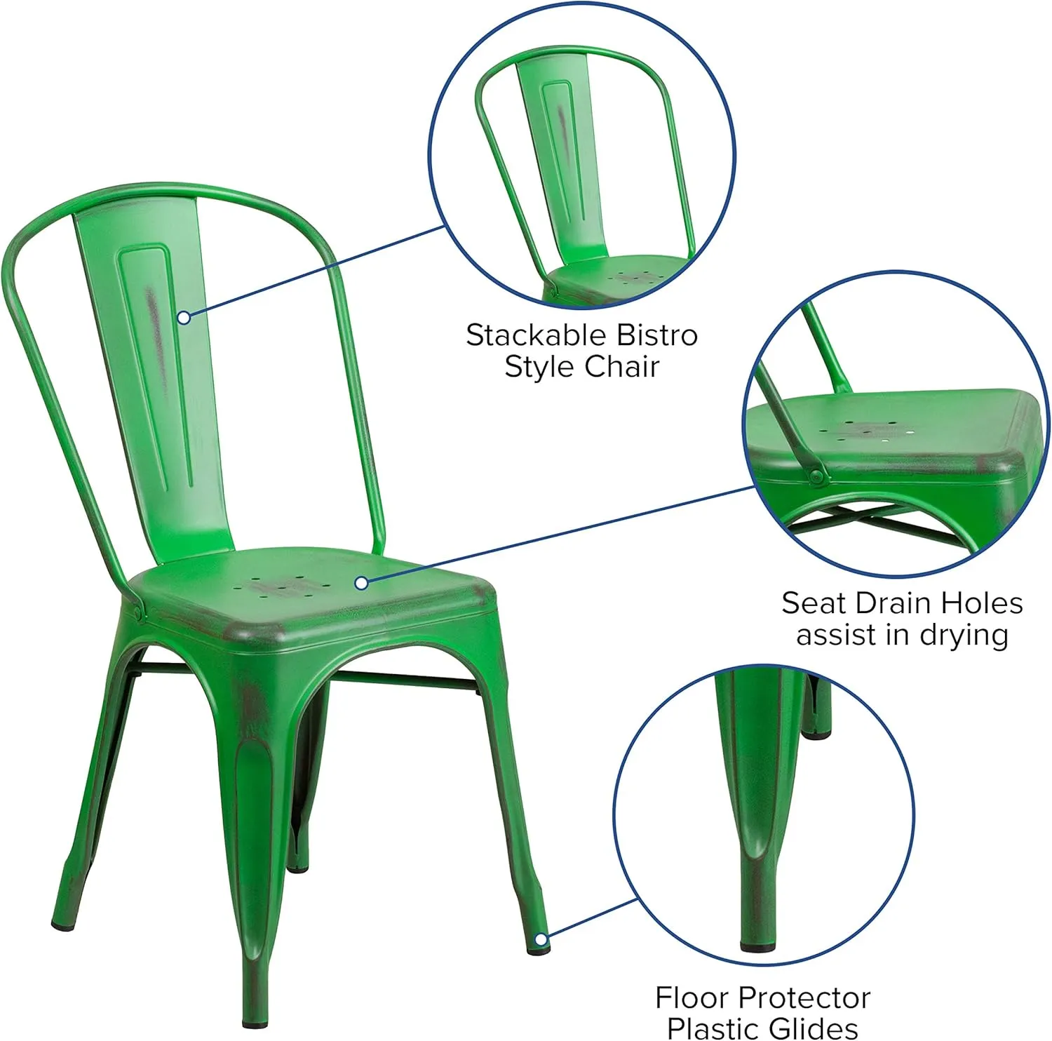 Merrick Lane Banks Stacking Dining Chair - Green Metal Frame - Distressed Powder Coated Finish - Curved Slat Back - 500 lb. Static Weight Capacity