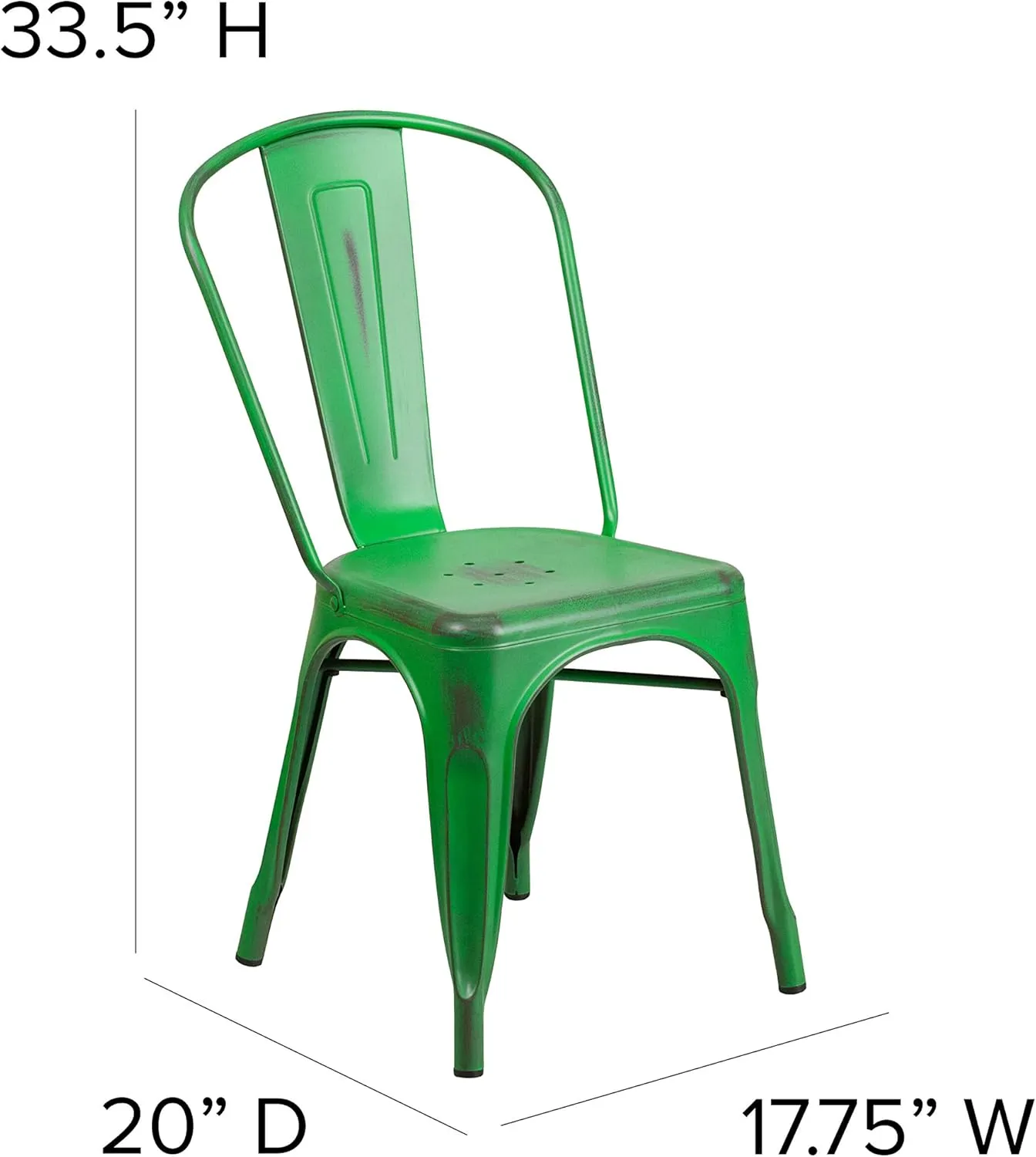 Merrick Lane Banks Stacking Dining Chair - Green Metal Frame - Distressed Powder Coated Finish - Curved Slat Back - 500 lb. Static Weight Capacity