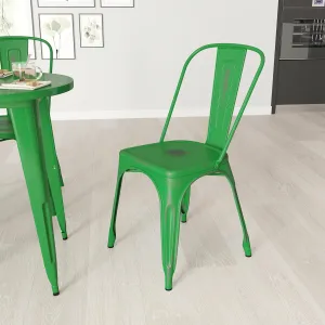 Merrick Lane Banks Stacking Dining Chair - Green Metal Frame - Distressed Powder Coated Finish - Curved Slat Back - 500 lb. Static Weight Capacity