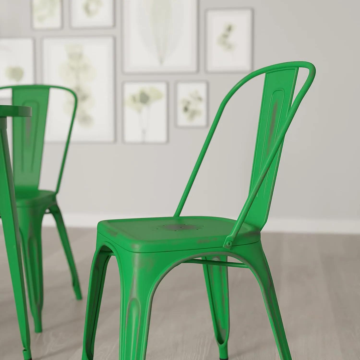 Merrick Lane Banks Stacking Dining Chair - Green Metal Frame - Distressed Powder Coated Finish - Curved Slat Back - 500 lb. Static Weight Capacity