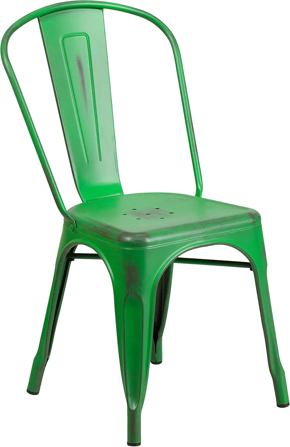 Merrick Lane Banks Stacking Dining Chair - Green Metal Frame - Distressed Powder Coated Finish - Curved Slat Back - 500 lb. Static Weight Capacity