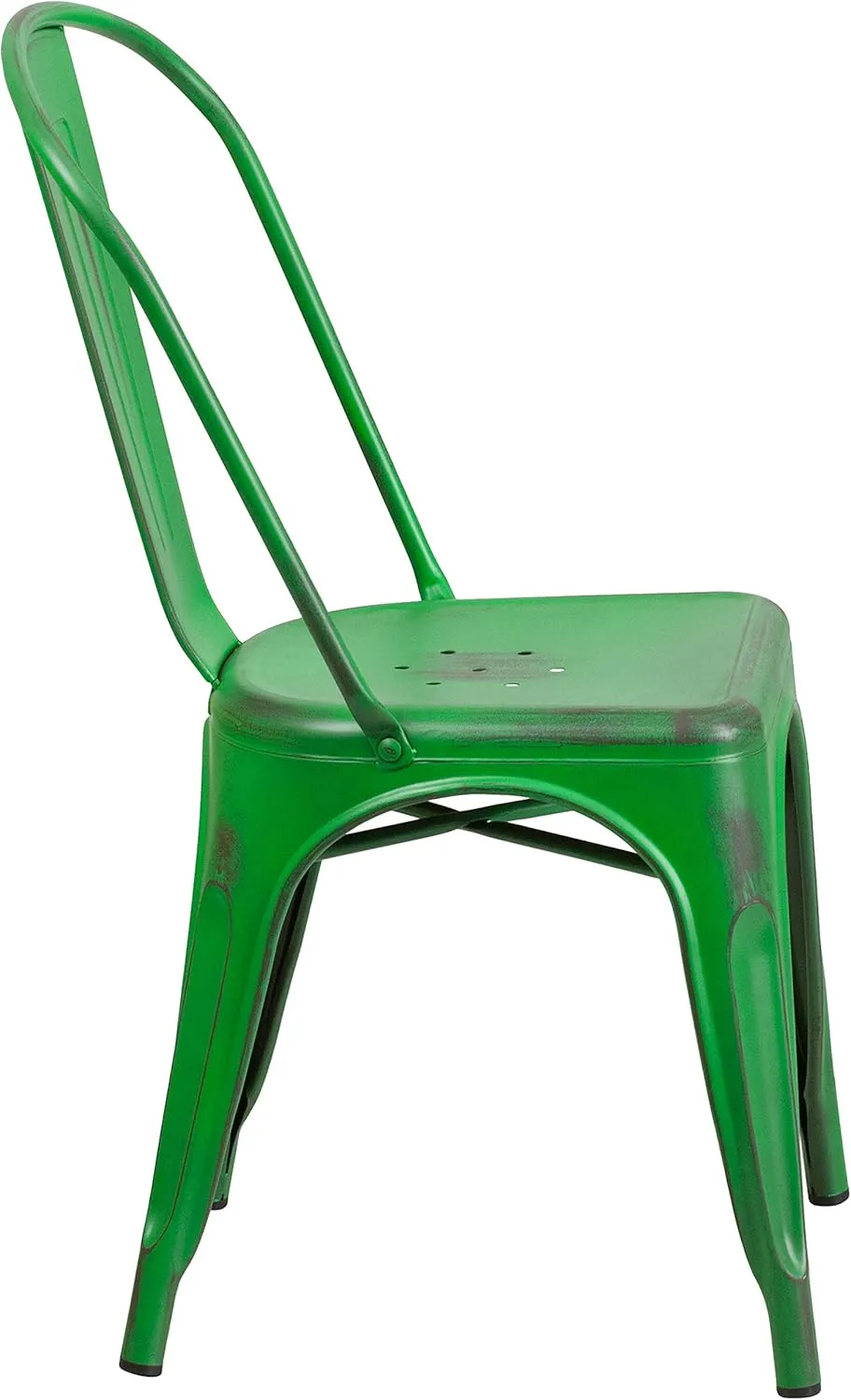Merrick Lane Banks Stacking Dining Chair - Green Metal Frame - Distressed Powder Coated Finish - Curved Slat Back - 500 lb. Static Weight Capacity