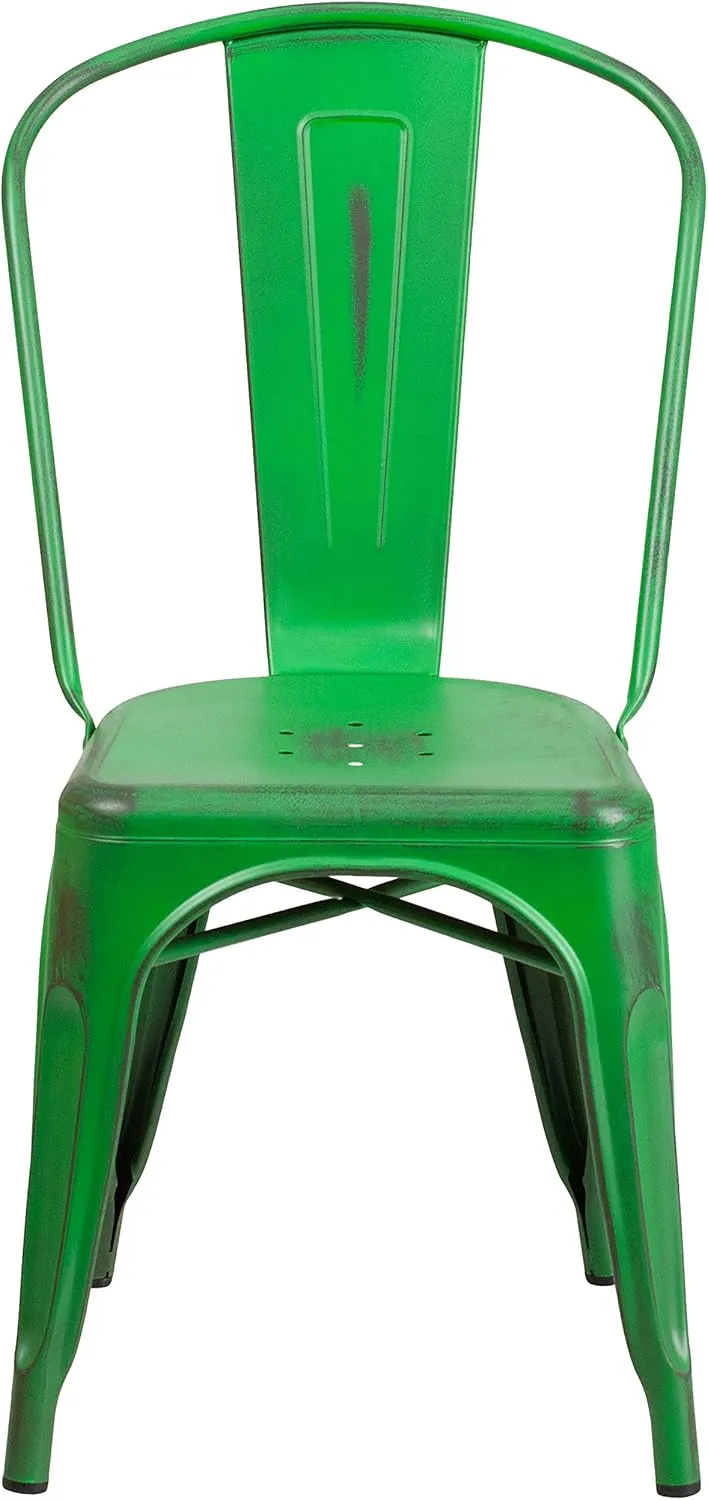 Merrick Lane Banks Stacking Dining Chair - Green Metal Frame - Distressed Powder Coated Finish - Curved Slat Back - 500 lb. Static Weight Capacity