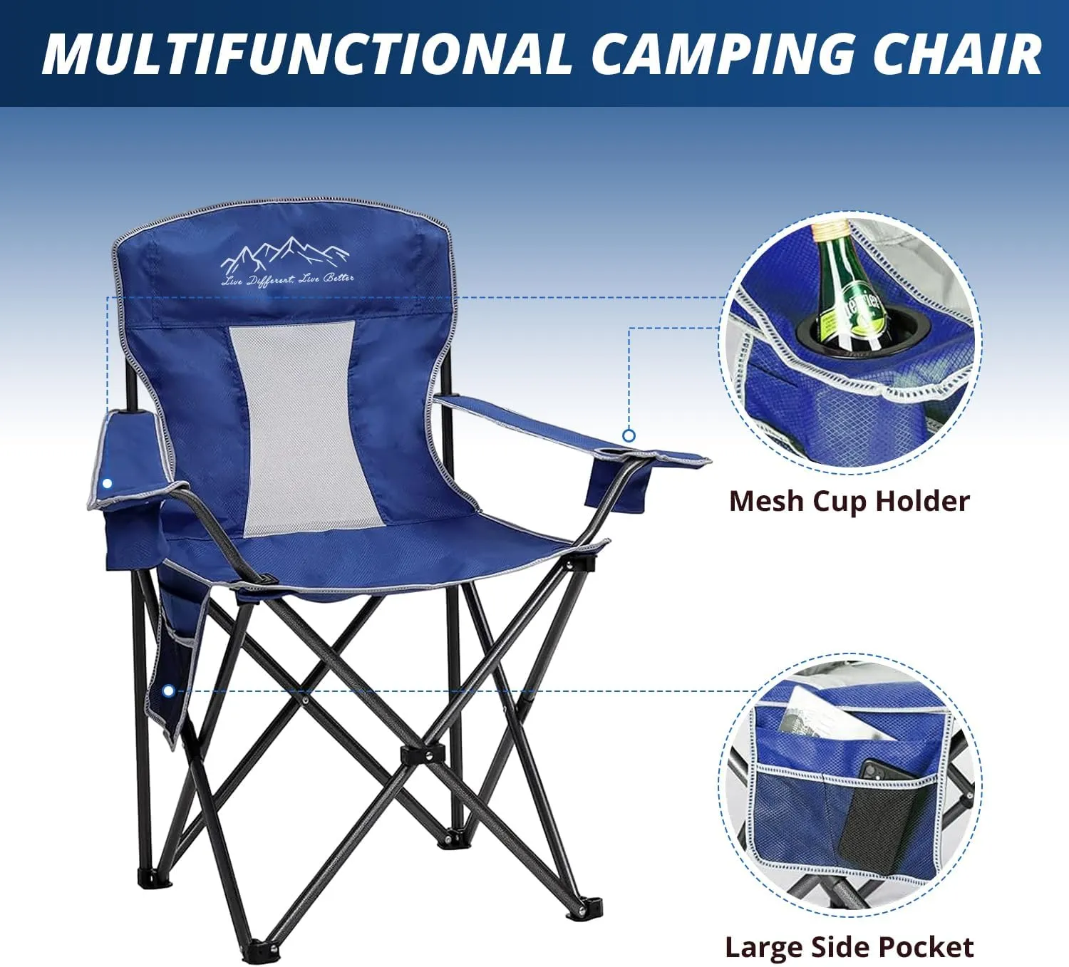 Mesh Folding Camping Chairs, Oversized Portable Outdoor Chairs, Weight Capacity 325 lbs with Cup Holder, Storage Pocket, Carry Bag Blue