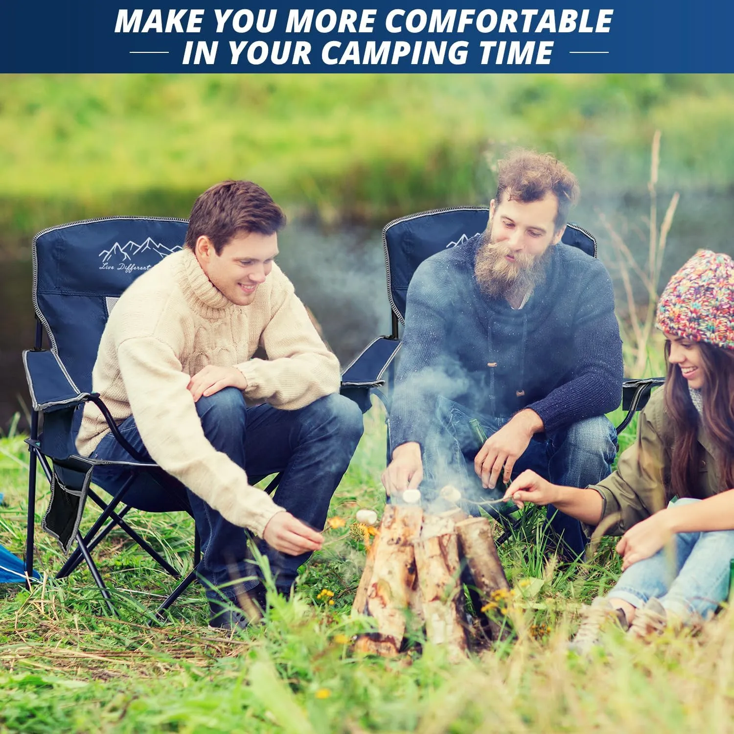 Mesh Folding Camping Chairs, Oversized Portable Outdoor Chairs, Weight Capacity 325 lbs with Cup Holder, Storage Pocket, Carry Bag Blue