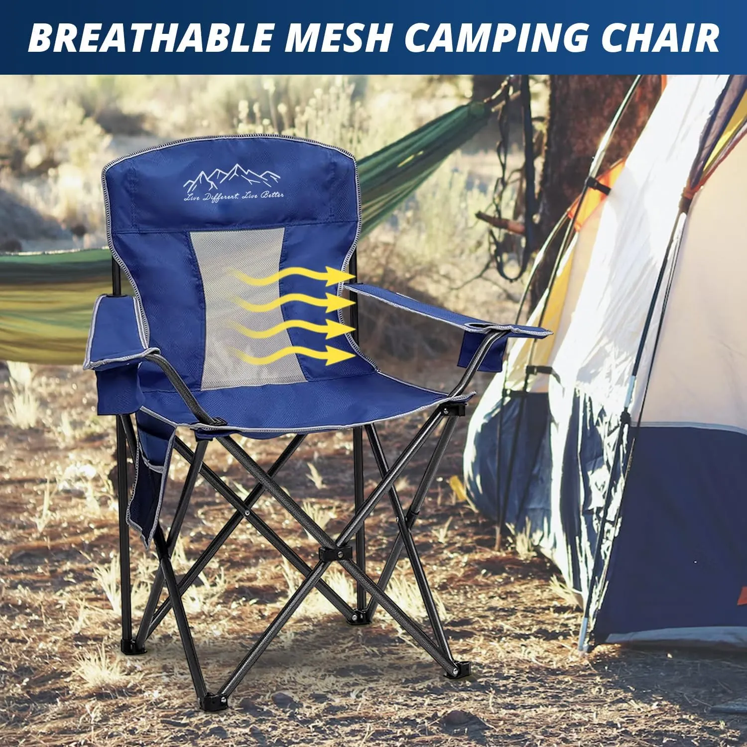 Mesh Folding Camping Chairs, Oversized Portable Outdoor Chairs, Weight Capacity 325 lbs with Cup Holder, Storage Pocket, Carry Bag Blue
