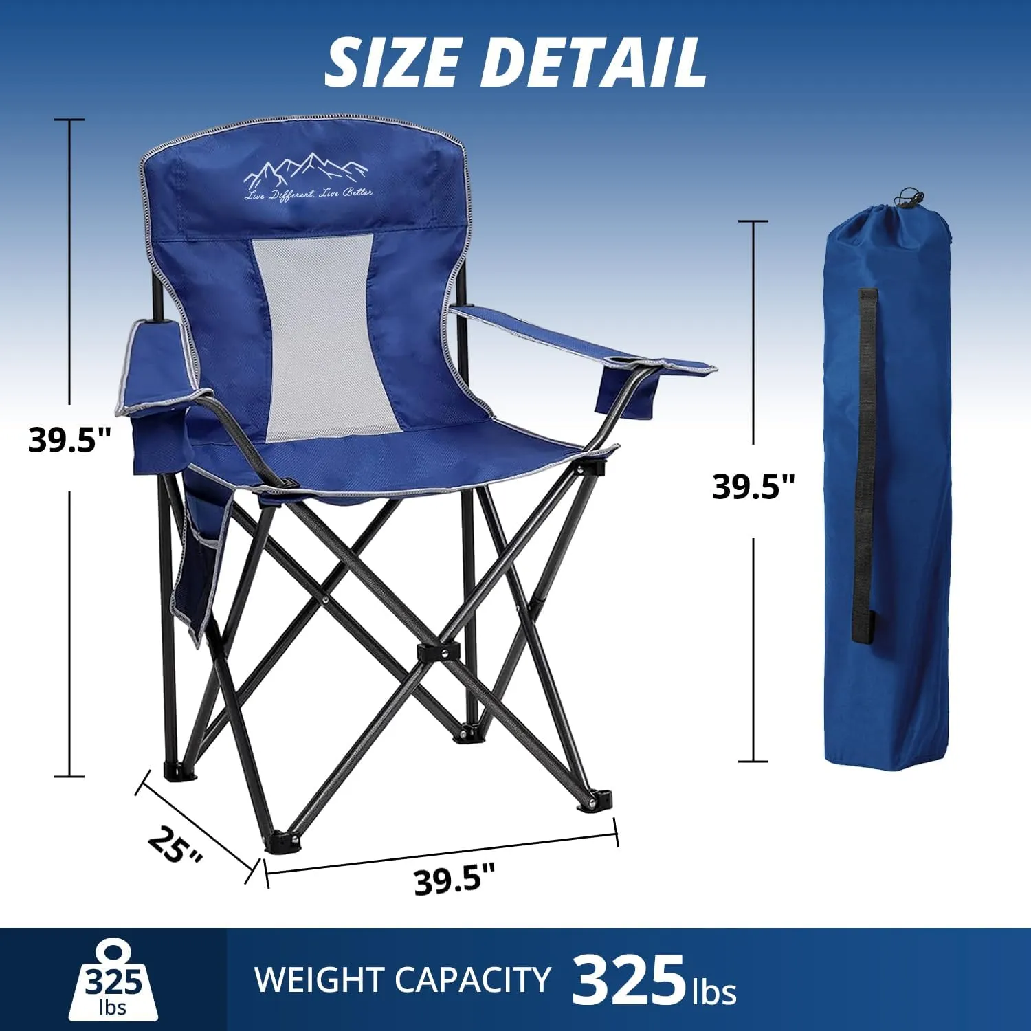 Mesh Folding Camping Chairs, Oversized Portable Outdoor Chairs, Weight Capacity 325 lbs with Cup Holder, Storage Pocket, Carry Bag Blue