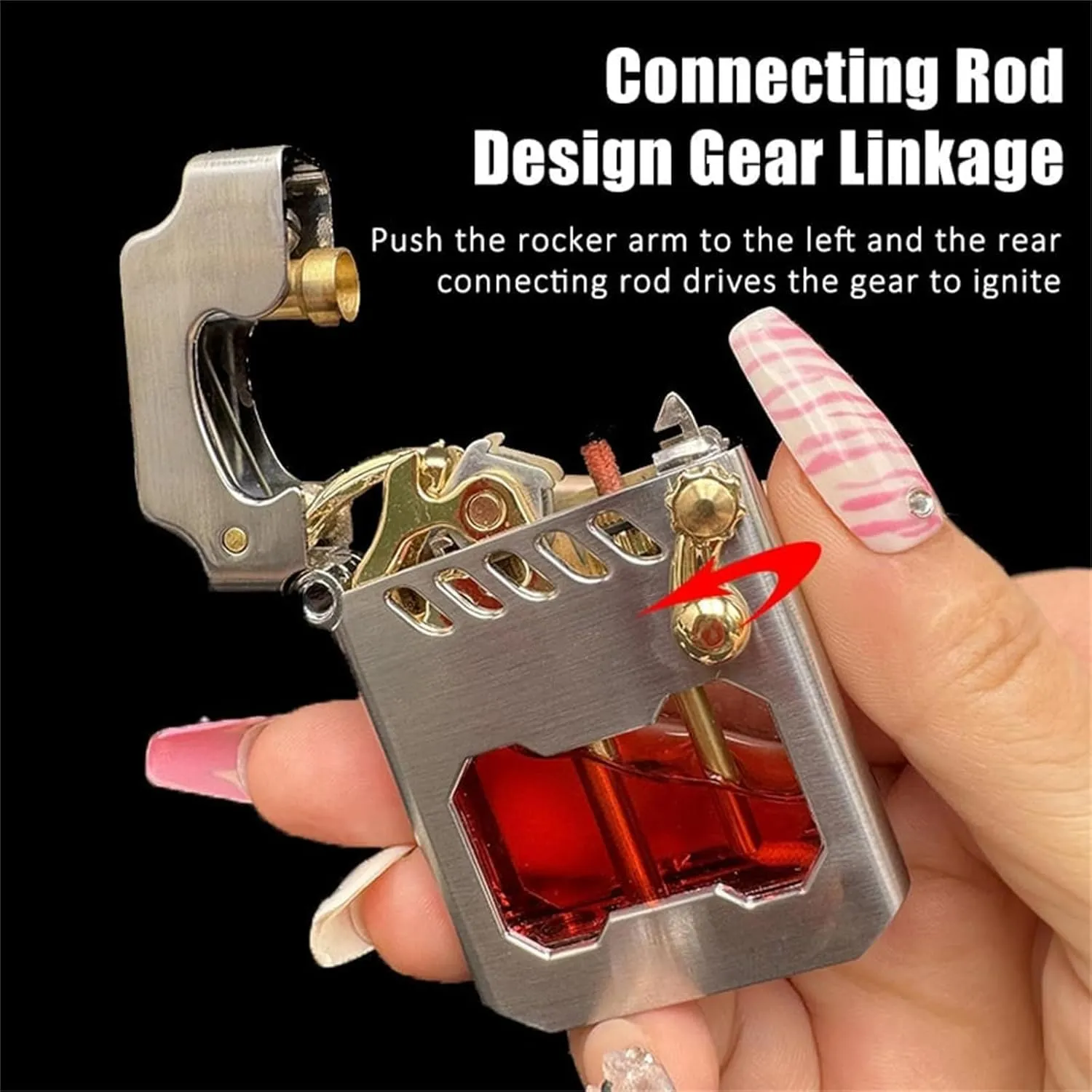 Metal Rocker Lighter, Deep Windproof Lighter, Retro Transparent Oil Tank Metal Rocker Kerosene Lighter, Rocker Arm Connecting Rod Drive Gear Ignition Lighter (Black)