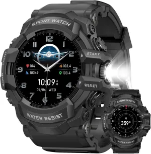 MIDDOW Military Smart Watch with Flashlight (Answer/Make Call) Compass, Heart Rate/Sleep/Sports Tracker, IP68 Waterproof, Long Battery Life, HD Screen, Android & iOS (Black)