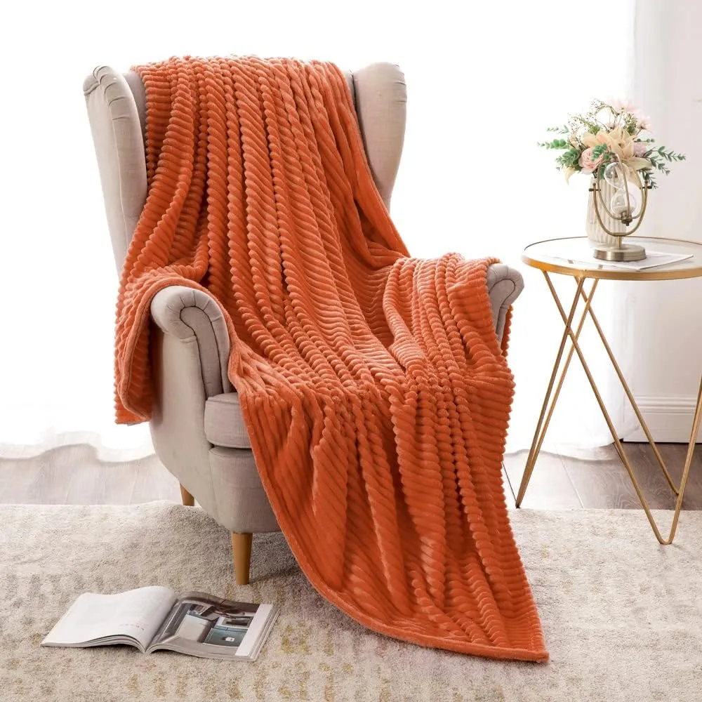 MIULEE Fleece Throw Blanket for Couch 300GSM Super Soft Lightweight Plush Striped, Fall Burnt Orange Warm Cozy Breathable Ribbed Blanket for Bed/Sofa, Throw Size 50"x60"