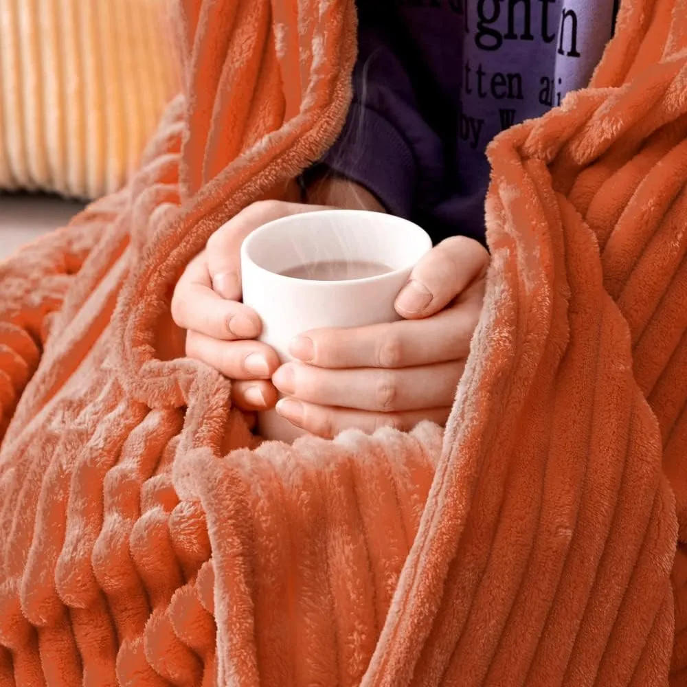 MIULEE Fleece Throw Blanket for Couch 300GSM Super Soft Lightweight Plush Striped, Fall Burnt Orange Warm Cozy Breathable Ribbed Blanket for Bed/Sofa, Throw Size 50"x60"