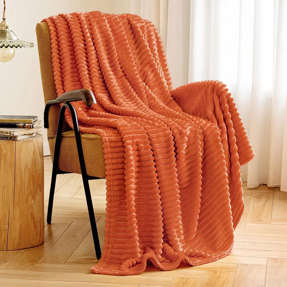 MIULEE Fleece Throw Blanket for Couch 300GSM Super Soft Lightweight Plush Striped, Fall Burnt Orange Warm Cozy Breathable Ribbed Blanket for Bed/Sofa, Throw Size 50"x60"