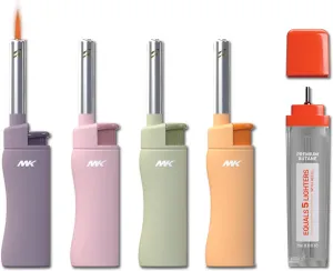 MK Lighter 4PCS Candle Lighters With 1PC Premium Butane Set, Random Colors, Windproof Flame, Ideal for Candle, BBQ, Refillable (Pastel-4PC 1Butane)