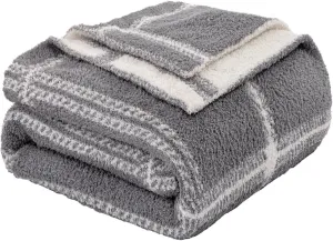 Mokoya Super Soft Plaid Checkered Blanket 50"x70", Lightweight Fluffy Throw for Couch, Bed, Fuzzy Plush Double-Sided Knit Blanket, Modern Aesthetic Cozy Bed Spread, Grey, Gifts for Women, Men