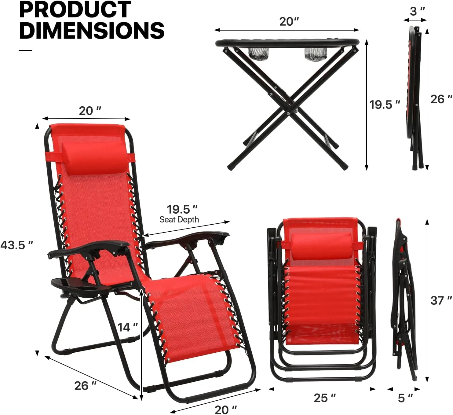 MoNiBloom Recliner Patio Lounge Chairs Set of 3, Adjustable Outdoor Beach Chairs w/Folding Table, Pillow and Cup Holder Tray, 330lbs Capacity, Red