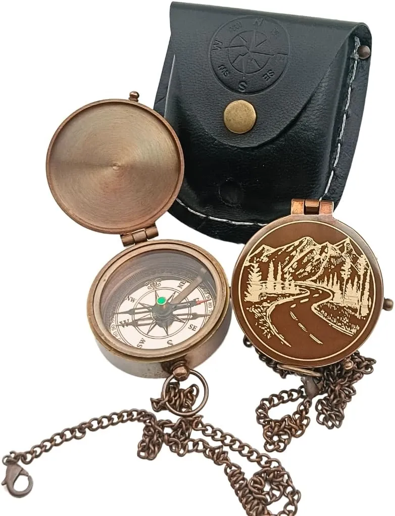 Mountains and Road Engraved Compass in Leather Case -Baptism Gift for Teenage Boys, Christian, Catholic, Communion, Confirmation, Graduation, Sentimental & Inspirational Present