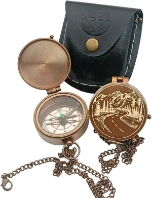 Mountains and Road Engraved Compass in Leather Case -Baptism Gift for Teenage Boys, Christian, Catholic, Communion, Confirmation, Graduation, Sentimental & Inspirational Present
