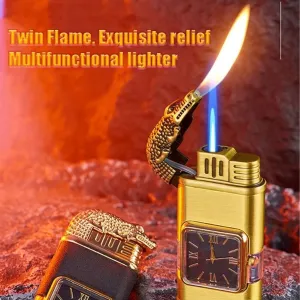 Multifunctional 2-in-1 lighter, windproof butane lighter, metal portable embossed design lighter, double flame lighter (butane not included)(Red)