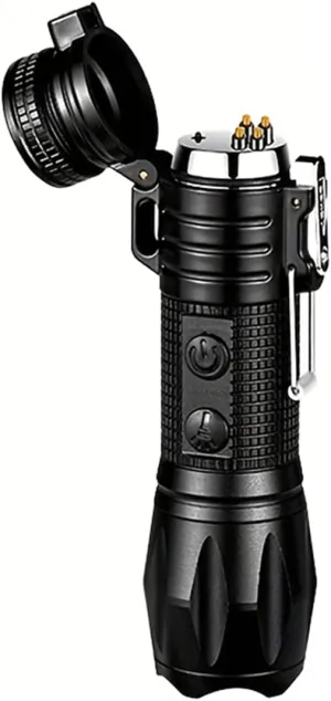 Multifunctional Personal Safety Arc Light Flashlight, Portable Emergency Illumination, USB Rechargeable 220mAh Lithium Battery, Metal Body, Black, with Electronic Lighter