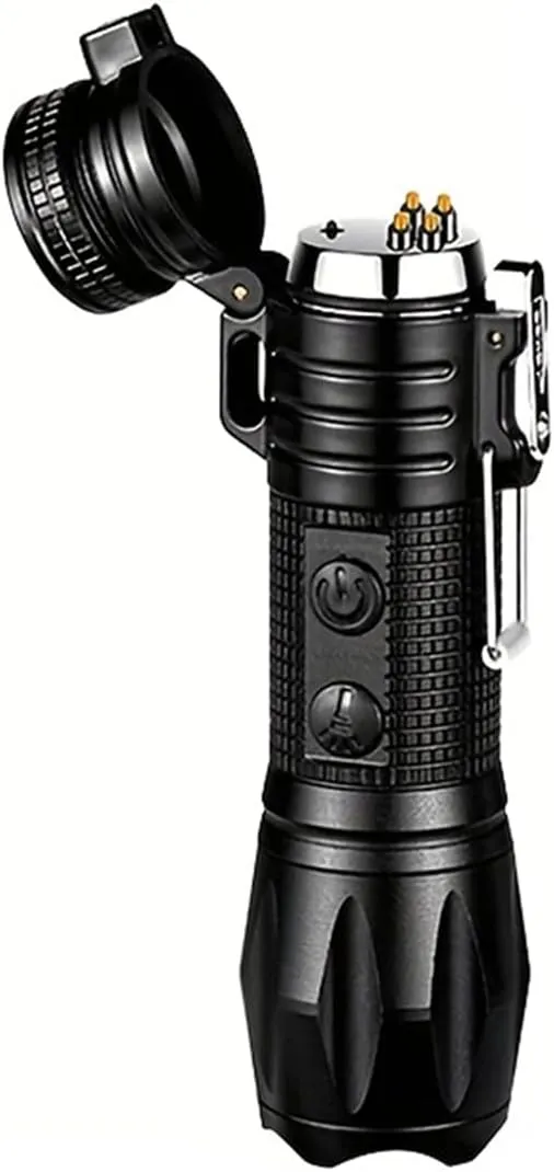 Multifunctional Personal Safety Arc Light Flashlight, Portable Emergency Illumination, USB Rechargeable 220mAh Lithium Battery, Metal Body, Black, with Electronic Lighter