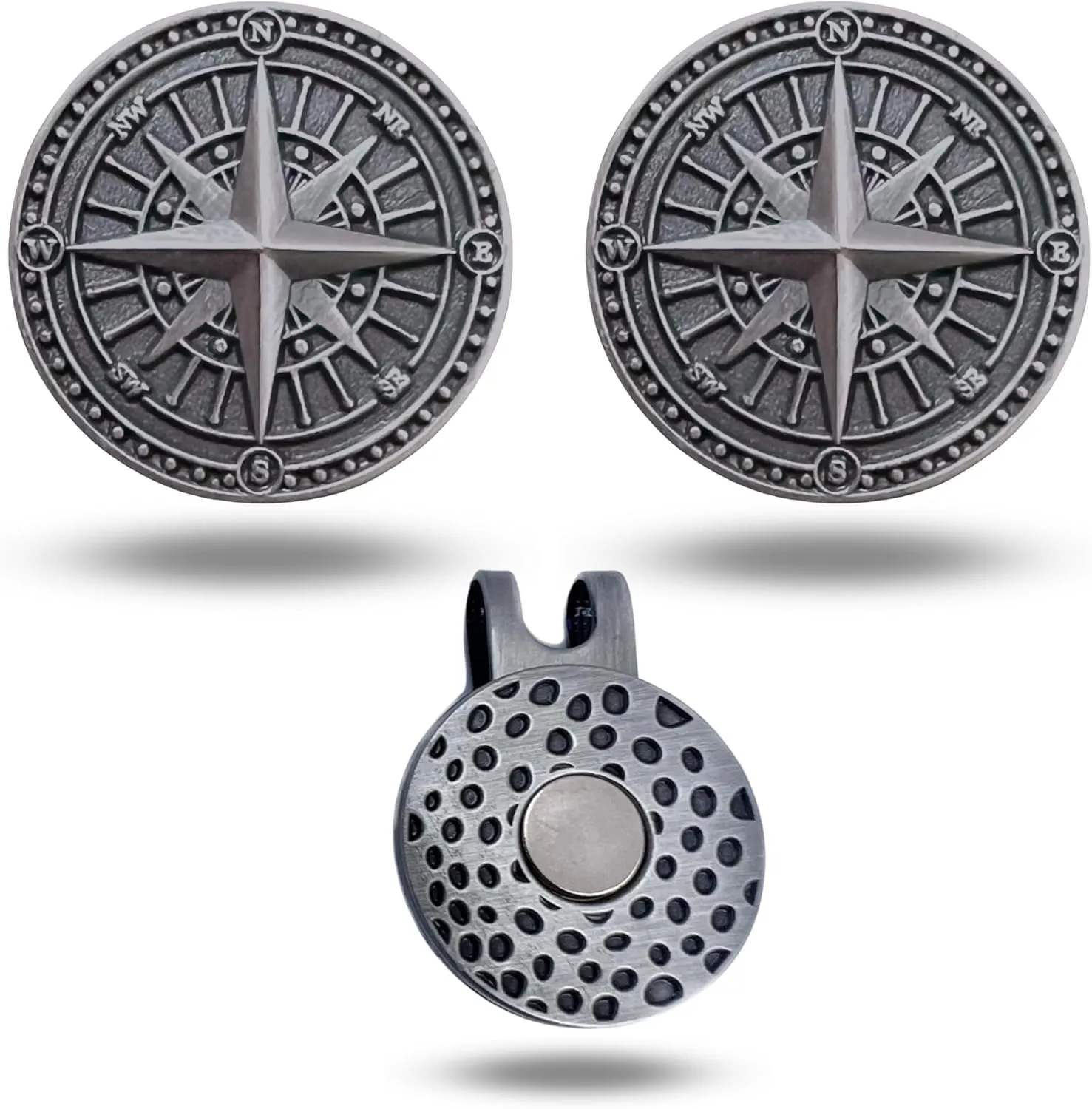 Nautical Compass Unique Magnetic Metal Golf Ball Marker Accessory with Hat Clip for Men and Women